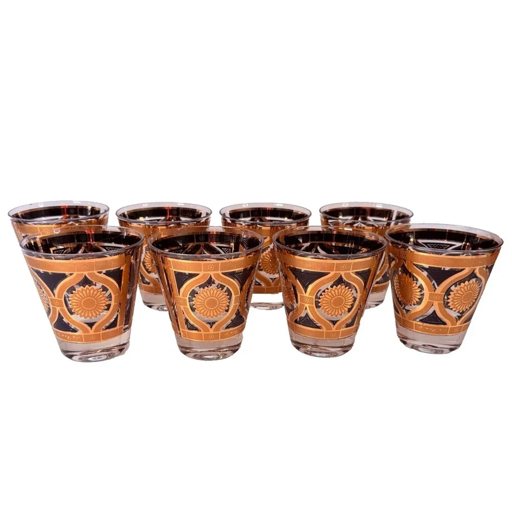 Vtg MCM Fred Press Sunflower 8 Rocks Glasses Black 22K Gold Barware Set Signed